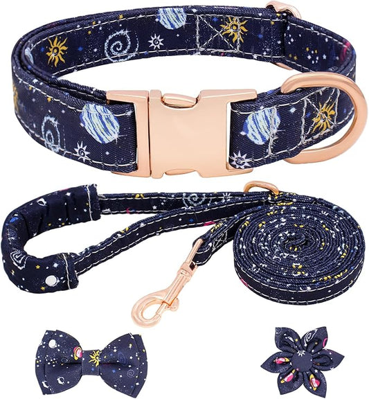 Dog Collar and Leash Set Adjustable Girls Puppy Floral Collars with Bow Tie for Small Medium Large Dogs(L, Blue Planet)