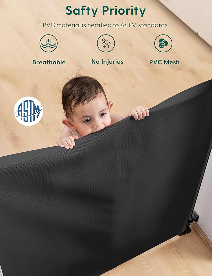 34'' Tall 122'' Extra Wide Retractable Baby Gates for Large Openings, Momssy Child Safety Mesh Gate, Long Dog Gate for Indoor/Outdoor Stairs Hallways Deck Patio Garage Door (Black)