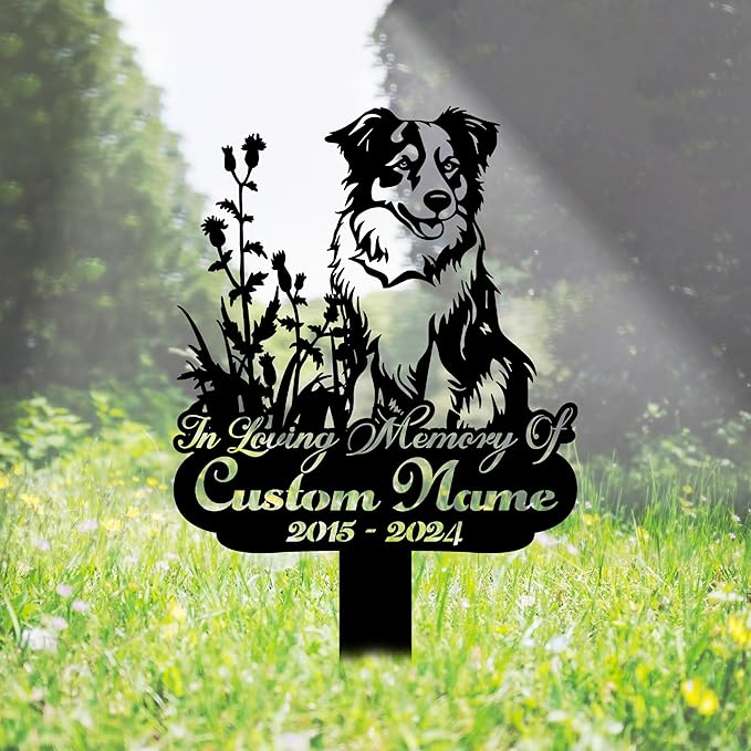 Custom Australian Shepherd Memorial Grave Marker Metal Sign, Personalized Dog Memorial Garden Stake, Dog Burial Markers with Name Engraved, Pet Headstones for Dogs, Cemetery Decoration