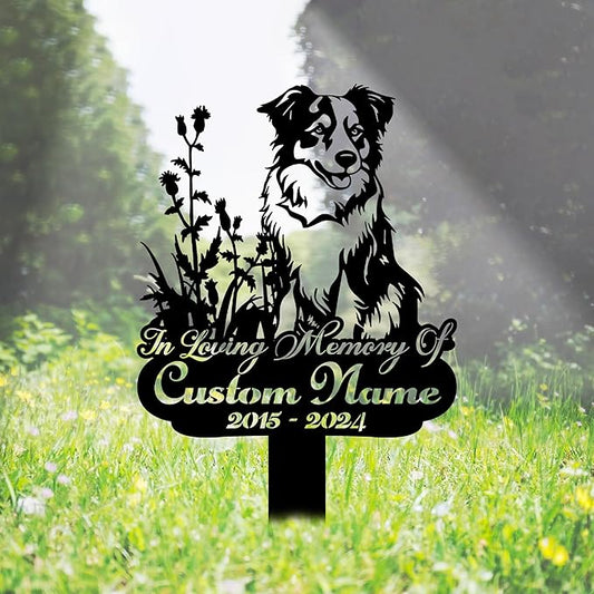 Custom Australian Shepherd Memorial Grave Marker Metal Sign, Personalized Dog Memorial Garden Stake, Dog Burial Markers with Name Engraved, Pet Headstones for Dogs, Cemetery Decoration