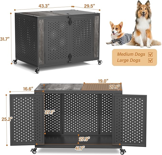 42" Heavy Duty Dog Crate Furniture for Large and Medium Dogs, Enclosed Design with 0.5 inch Holes, Indestructible Metal Kennel for High Anxiety Dogs, Chew Proof Pet House Cage Indoor