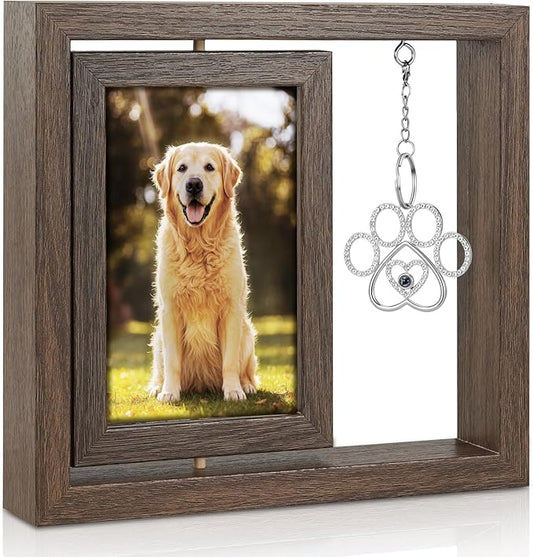 Uross Dog Memorial Gifts for Loss of Dog- Pet Memorial Remembrance Bereavement Sympathy Gifts for Dogs, Rotating Wooden Passing Away Picture Frame for 4x6 Photo- Brown