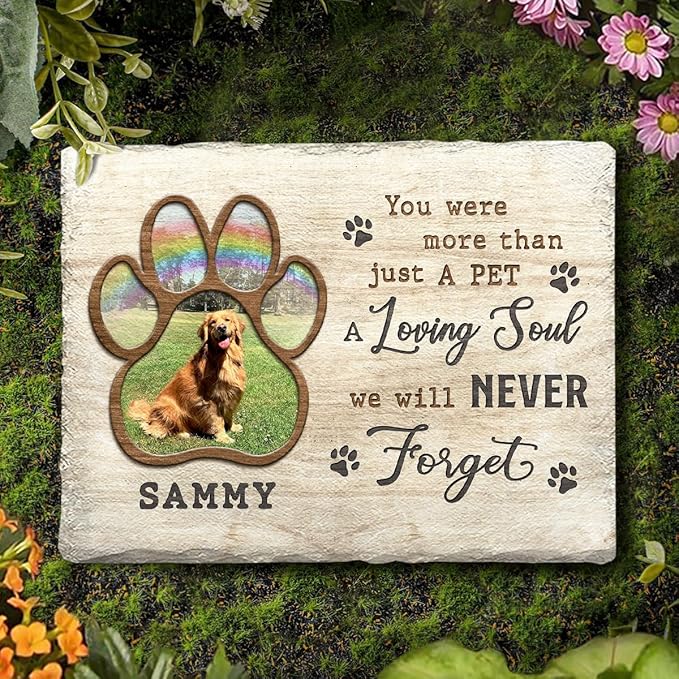 Dog Memorial Stone - Custom Rainbow Pawprint Stepping Stones - Bereavement Gift for Pet Lover - Personalized Dogs Photo with Meaningful Quotation Options - Sympathy Home Décor