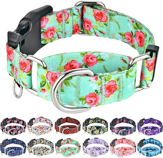 Martingale Collar for Dogs with Buckle Pink Floral Dog Collar No Pull Cute Girl Female Dog Collars for Extra Large Dogs, Green Rose