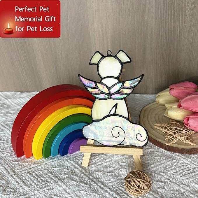 Stained Glass Angel Wings Dog Memorial Gifts for Loss of Dog Sympathy Bereavement Gift Suncatcher, Rainbow Bridge Pet Passing Away Remembrance in Memory, Yellow