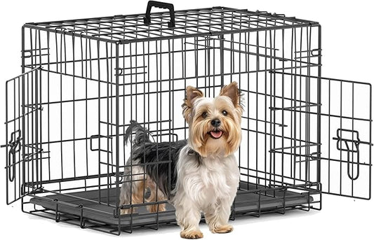 Piskyet 24 Inch Double Door Small Dog Crate with Divider Panel and Leak- Proof Pan Tray, Folding Metal Wire Pet Kennel for Indoor,Antigue Color