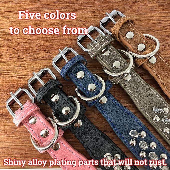 Studded Dog Collar, PU Leather Silver Dome Stud Anti-Bite Collar for Dogs, Adjustable Heavy Duty Punk Style Collar for Small Medium Large Dogs, Pitbull Mastiff Rottweiler Doberman, 5 Colors 4 Sizes