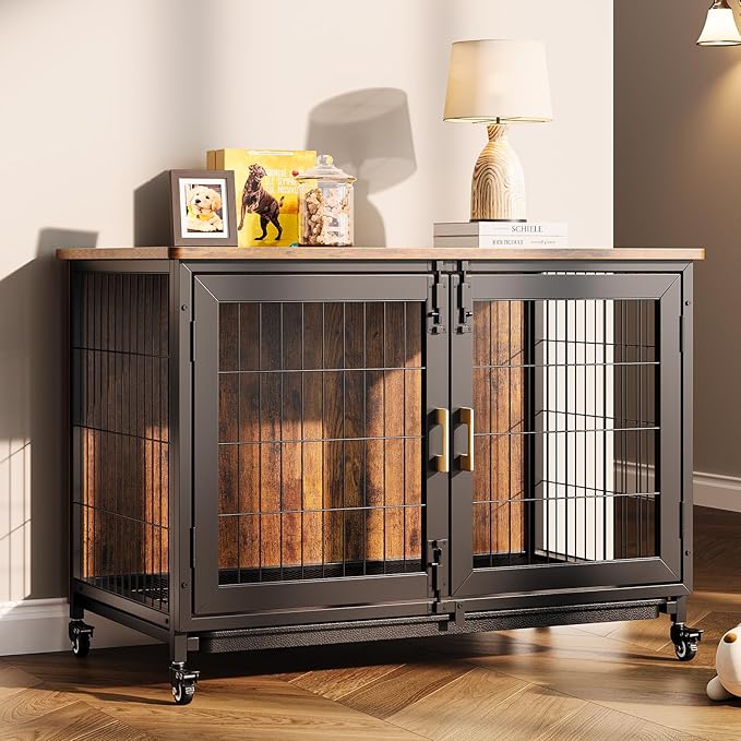 37.5 Inch Wooden Dog Crate with Wheels - Furniture Style Pet Kennel for Small to Medium Dogs Up to 66 Lbs - Multi-Purpose Removable Tray, Decorative Indoor Dog House, Sturdy & Stylish Design