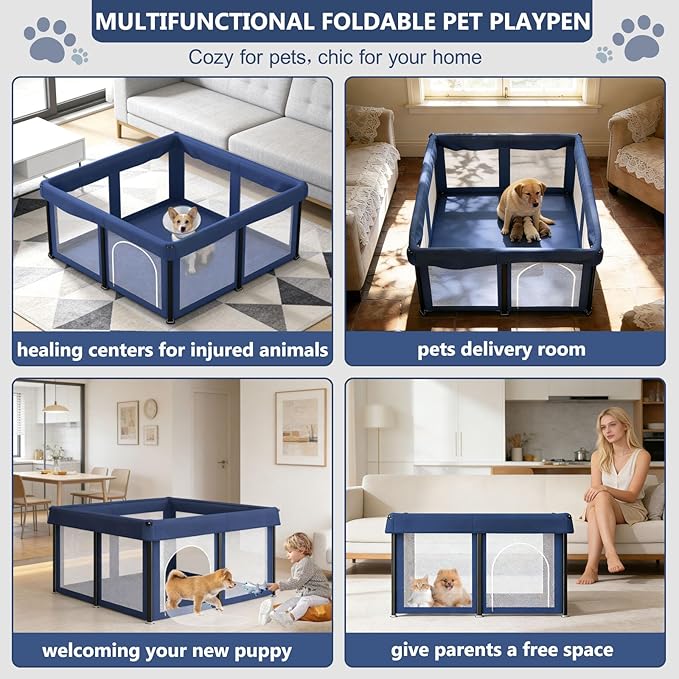 50x50x25.6 Inches Puppy Playpen with Gate, Foldable Dog Playpen for Puppies or Small Dogs, Pet Fence with Thickened Fabric, for Indoor Outdoor (Blue)