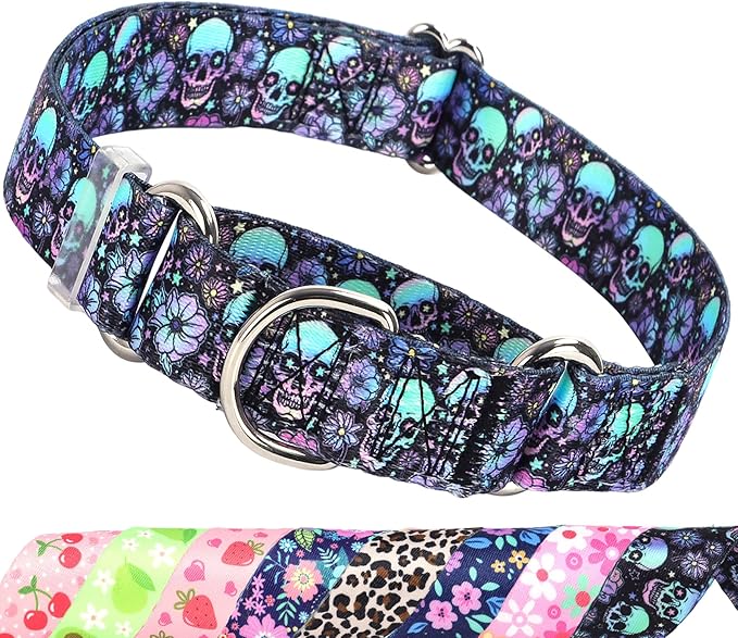 Skull Martingale Dog Collar for Medium Breed Pet Dogs- No-Slip Escape Proof Choke No Pull Cinch Soft Dog Collar for Male and Female Dogs No Buckle -for Training & Walking M
