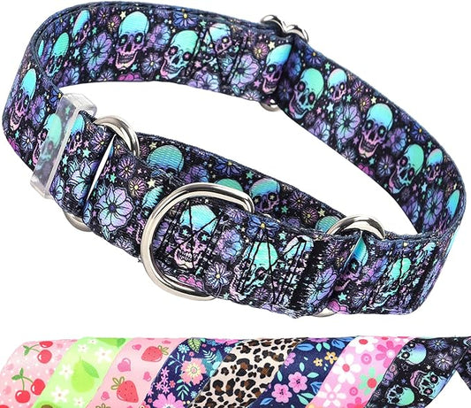 Skull Martingale Dog Collar for Small Breed Pet Dogs- No-Slip Escape Proof Choke No Pull Cinch Soft Dog Collar for Male and Female Dogs No Buckle -for Training & Walking S