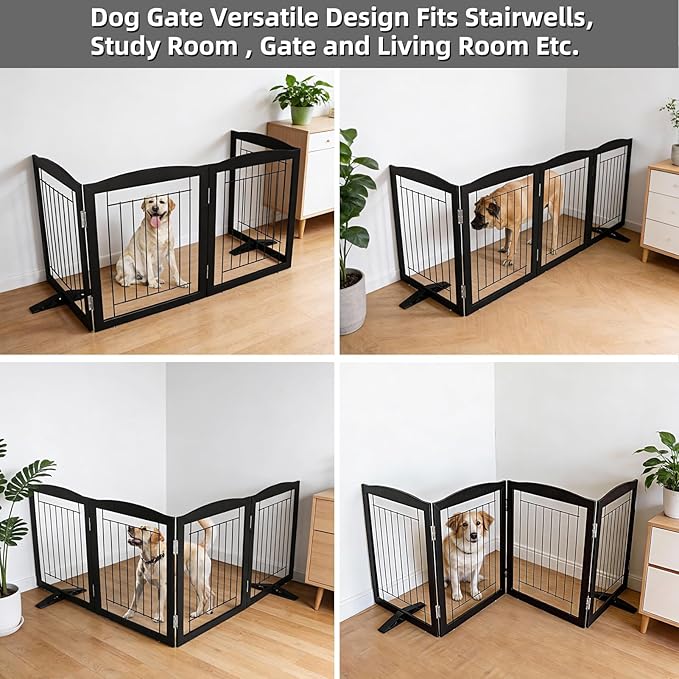 Dog Fence Indoor,Dog Gate Indoor for Doorway pet gate -4-Panel Freestanding, Hallways, House or Stairs -80x32-Inch Retractable Foldable Expandable Wood Pet by SFJC (Black) ﻿