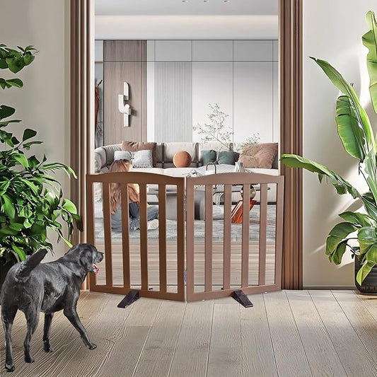 ZJSF Foldable Freestanding Indoor Dog Gate for House Wood Long Pet Gates Dog Fence for Stairs Puppy Gates for Hallways, Puppy Gate,Support Feet Included, Brown, 24 "Height-2 Panels