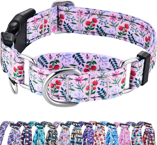 Reflective Martingale Collar with Quick Release Buckle Anti Pulling Girl Female Dog Collars (Pink Flowers Plants, Large)