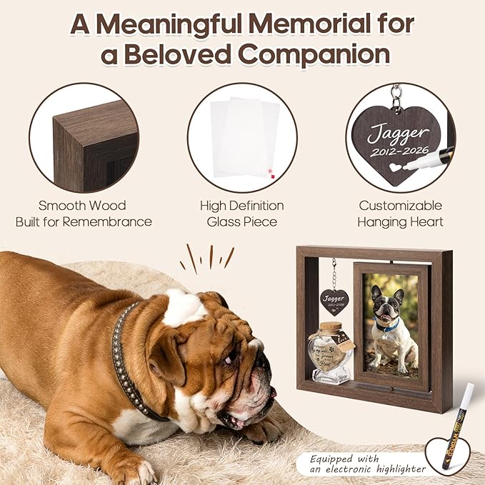 Dog Memorial Gifts for Loss of Dog – Rotating Wooden 4x6 Picture Frame with Fur Keepsake Jar & Writable Name Card, Pet Remembrance Sympathy Gift for Dog & Cat Lovers (Brown)