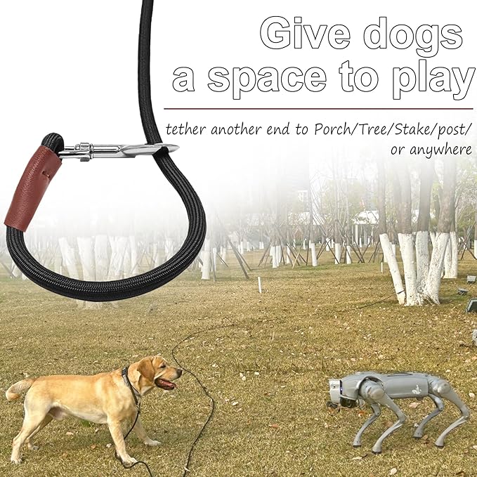 Tie Out Rope Dog Leash, Long Tether 8-10-13-15-20-25-30-35-40-50-65 FT Heavy Duty Nylon Check Cord for Medium Large Dogs Indoor/Outdoor Camping Backyard (Black, 3/8" x 15ft)
