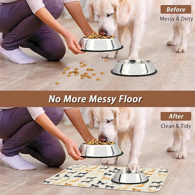 Cute Dog Cat Food Mat,Color Silhouette Absorbent Pet Feeding Mat with Rubber Backing,Non-Slip Water Bowl Placemat,Indoor Pet Accessories Supplies 12"x20"