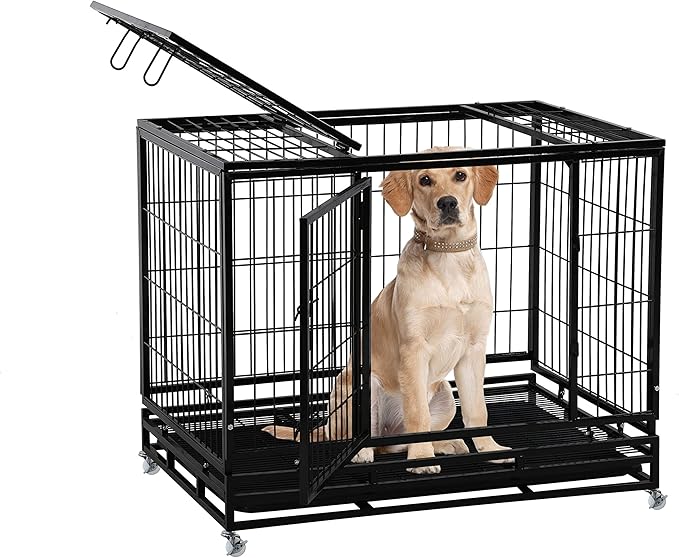 48'' Heavy Duty Dog Crate for Medium and Large Dogs Double Doors & Locks Design Escape Proof Strong Metal Dog Cage with Wheels, Indoor Large Dog Crate Heavy Duty Stackable Dog Kennel with Tray