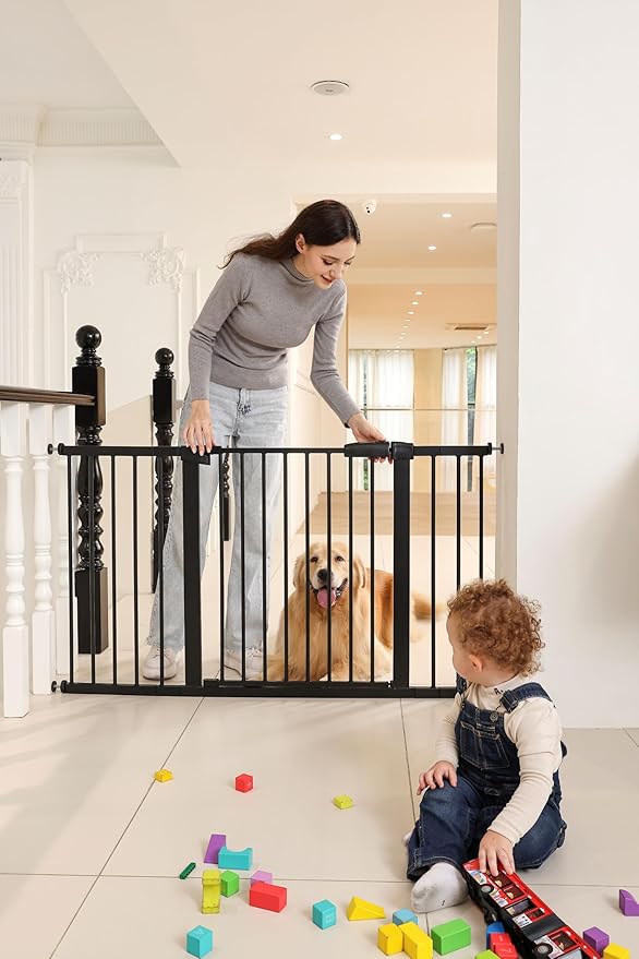 29"-57" Baby and Pet Safety Gate, 30" Tall Metal Walk-Thru Gate for Doorways & Stairs, Easy One-Hand Open, Dual Lock, Extensions & Wall Mounts Included (Black, 29"-57" W x 30.5“H)
