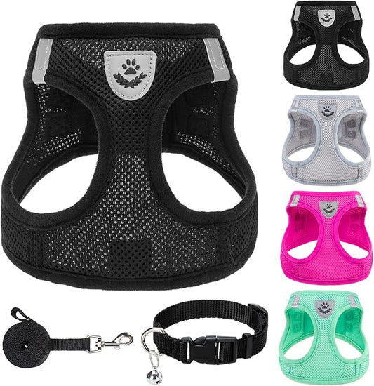 PUPTECK Adjustable Dog Harness Collar and Leash Set Step in No Pull Pet Harness for Small Medium Dogs Puppy and Cats Outdoor Walking Running, Soft Mesh Padded Reflective Vest Harnesses, Solid Black XS