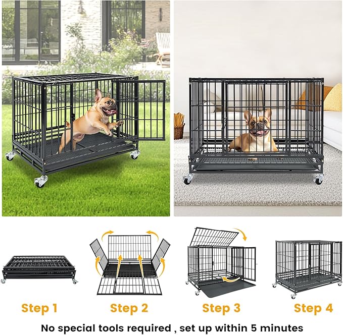 3-Pack 36 inch Stackable Heavy Duty Dog Crate, Metal Escape Proof Dogs Cage Kennel with Lockable Wheels, Removable Tray & Metal Grid, Top Access for High Anxiety Dogs Medium/Small Dogs