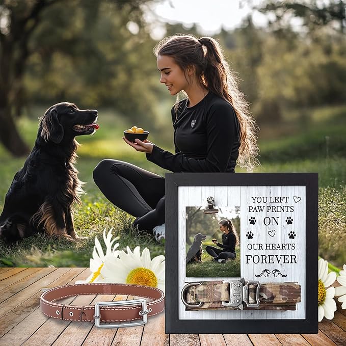 Pet Memorial Frame with Collar Holder – Dog & Cat Loss Remembrance Gift – You Left Paw Prints on Our Hearts Forever – Sympathy Keepsake Frame for Pet Lovers