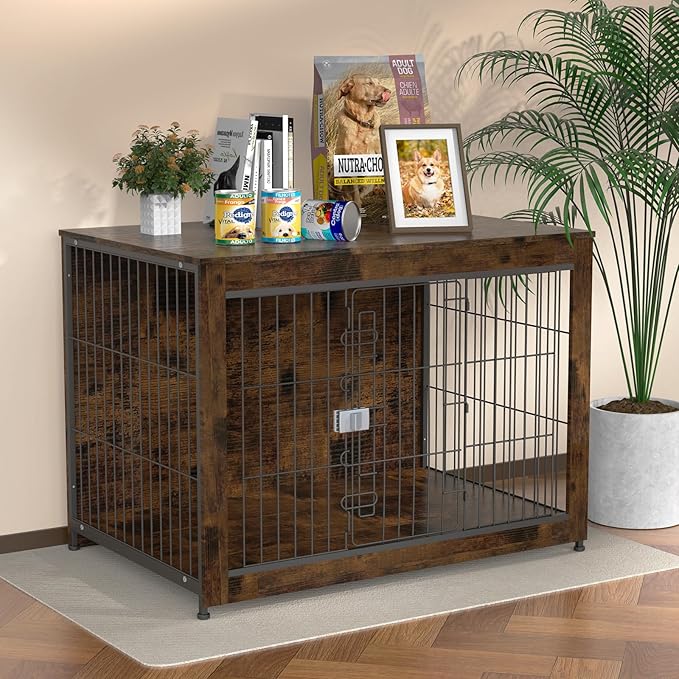 Furniture Style Dog Crate, 43" Wooden Dog Kennel End Table with Solid Top, Indoor Pet Crate House with Secure Slide Lock, Modern Dog Cage Furniture for Small & Medium Dogs, Aged Black