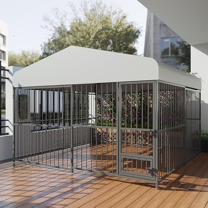 10x10x6 FT Outdoor Dog Kennel with Roof, Heavy-Duty Large Dog Cage with Lock, Waterproof Cover & Bowls, Pet Enclosure for Medium & Large Dogs