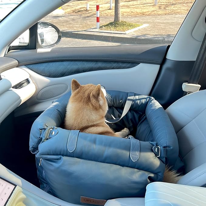 Dog Car Seat for Small & Medium Dogs, 3 in 1 Waterproof Soft Leather Dog Car Bed with Harness Clip, Travel Bed & Carrier Bag for Pets, Fits Pets Up to 35 lbs (Navy Blue, Small & Medium)