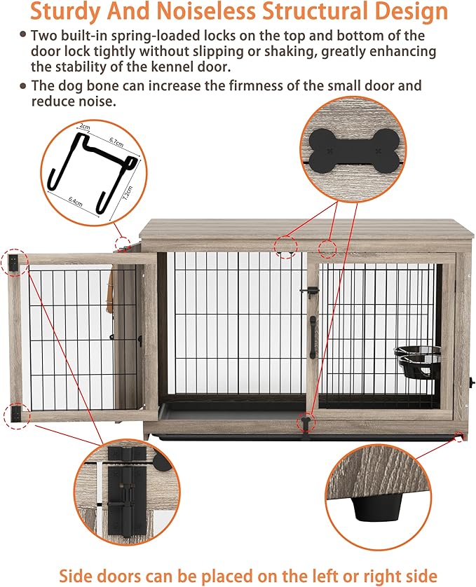 Piskyet Wooden Dog Crate Furniture with 360°Rotatable Removable Dog Bowls, Dog Crate End Table with Tray(L:37.7" L*25.1" W*26.1" H, Gray)