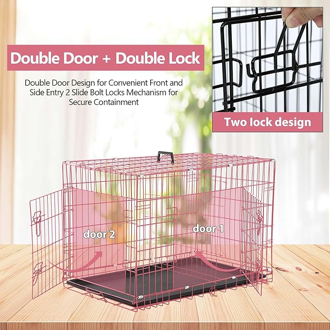 Foldable Double Door 48" Dog Crate with Leak-Proof Tray & Portable Dog Cage for Large Dogs - Collapsible, Indoor