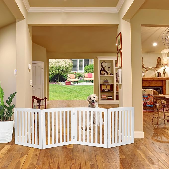 Freestanding Pet Dog Gate, 3-Panel/ 4-Panel Wooden Folding Fence for Hallway,Doorway,Hall,Stair,24 Inch Height Indoor Foldable Dog Fence (White, 4 Panel 24“)