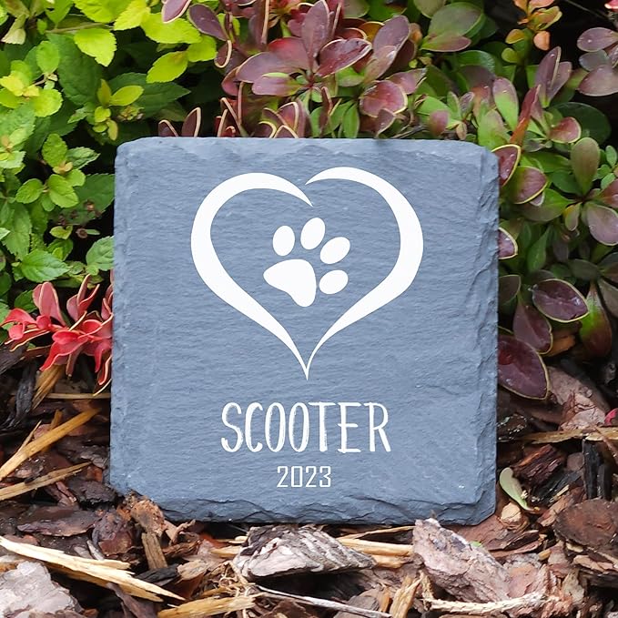 Personalized Individual Square Memorial Plaque + Stand for Pet Cat Dog Slate Stone Frame Paw Grave Marker - Size 3.94" x 3.94" or 100 x 100 mm - Heart