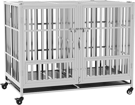 37" 42" 48" Heavy Duty Dog cage Stainless Steel Metal Kennel and Crate, Collapsible for Medium to Large Dogs, Easy to Assemble pet Pen with Four Lockable Wheels, Black Tray (sm-48in)