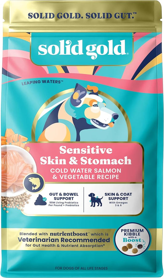 Solid Gold Salmon Dog Food for Sensitive Stomachs – Grain Free & Gluten Free Kibble w/Probiotics to Support Gut Health & Digestion - Sensitive Stomach Dog Food for All Ages – Nutrientboost™ – 22 LB