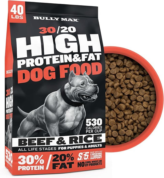 Bully Max Dry Dog Food for Adults & Puppies - High Protein & Fat for Muscle & Weight Gain - High Performance Dog Food Supplements - Small & Large Breed Dogs (530 Calories Per Cup), Beef, 40lb Bag