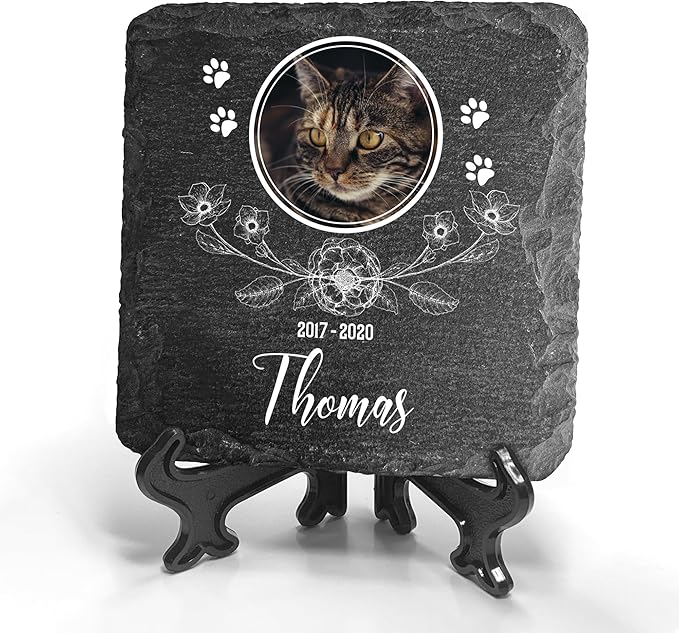 Personalized Individual Square Memorial Plaque + Stand for Pet Cat Dog Slate Stone Frame Paw Grave Marker - Size 3.94" x 3.94" or 100 x 100 mm - Floral