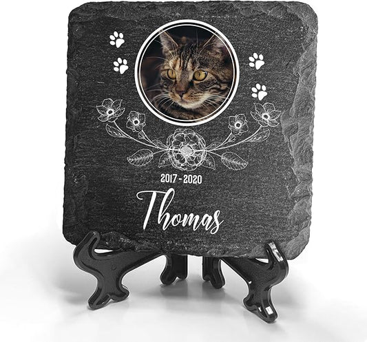 Personalized Individual Square Memorial Plaque + Stand for Pet Cat Dog Slate Stone Frame Paw Grave Marker - Size 3.94" x 3.94" or 100 x 100 mm - Floral