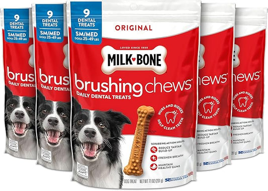 Milk-Bone Brushing Chews Original Chicken Flavor Daily Dental Dog Treats, Small/Medium, 7.1 Oz. Bag (Pack of 5)