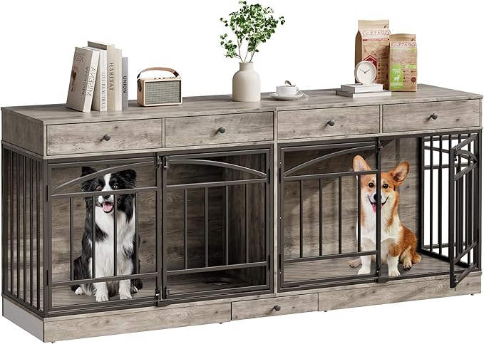 IDEALHOUSE 78.7" Double Dog Crate Furniture with Storage and 4 Doors, Dog Kennel Indoor with Feeding Bowls, Wood Dog Crate TV Stand for Small Medium Dogs, Grey