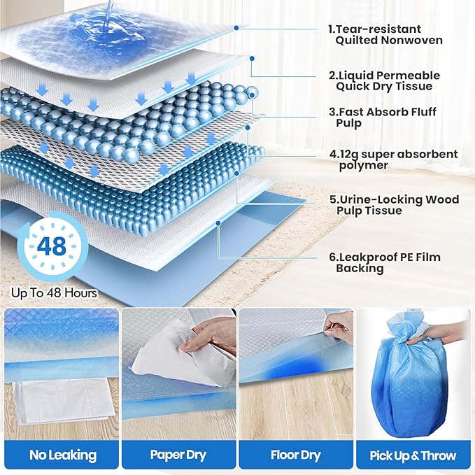Gimars XL 6-Layer Ultra Absorbent 1200ml 48-Hour Leak-Proof Dog Pee Pads, Quick Dry Extra Large Puppy Pads for Puppy Training, Senior & Incontinent Dogs, Cats, Overnight Use, 28"x34", 30 Count