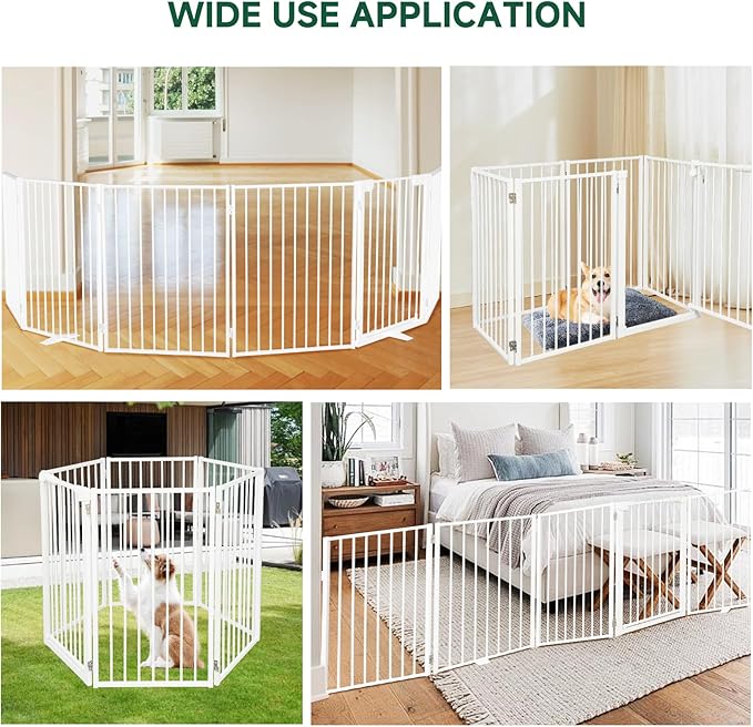Snagle Paw Metal Freestanding Dog Gate with Door,120” W x 36” H Dog Fence with Support Feet for Doorways, Stairs and Hallways, Portable Pet Gate for Indoor Use (6 Panel, White)