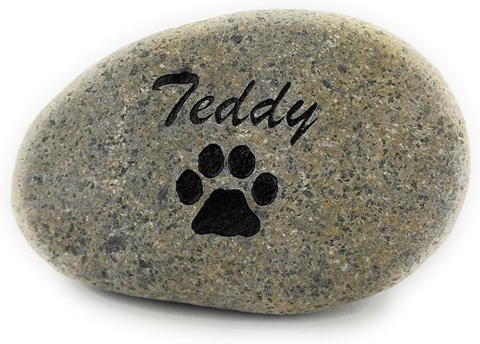 Pet Memorial Headstone Grave Marker - Natural Stone River Rock Sandblast Engraved with Your Pets Name and a Paw Print for Dog or Cat 3" to 4"