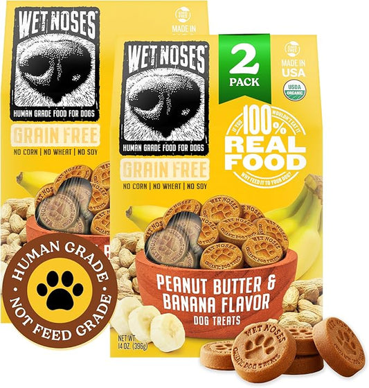 Wet Noses Organic Crunchy Dog Treats Grain Free – All-Natural, Human-Grade, Non-GMO, Healthy Training & Delicious Snacks for Dogs, for All Dog Sizes & Breeds – Peanut Butter & Banana, 14oz (2 Pack)