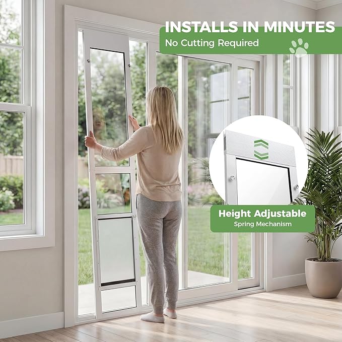 Slevoo Sliding Glass Dog Door, No-Cut Installation, Height Adjustable 79 1/5" to 82", Upgraded Silicone Flap, Weatherproof & Secure Pet Door for Medium/Large Dogs, White Aluminum Frame (Large)