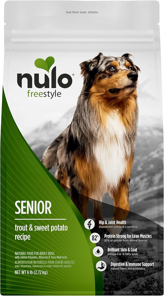 Nulo FreeStyle Senior Dry Dog Food - Trout & Sweet Potato, High Protein Grain Free Dog Food, Kibble with Probiotics, Glucosamine, Chondroitin, Hip and Joint Support, Small, Medium, Large Breeds, 6lb