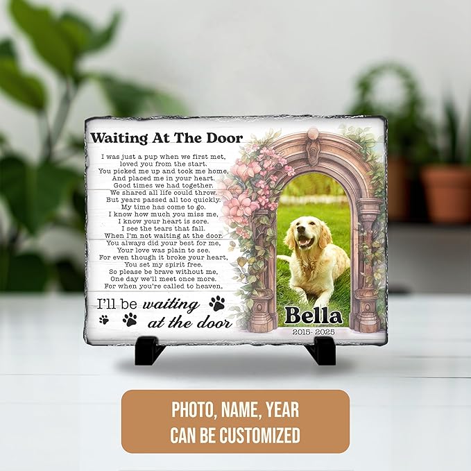 Personalized Dog Memorial Stone – Waiting at The Door Poem | Custom Photo Plaque for Dog or Cat Loss | Pet Remembrance Stone for Grave or Garden | Memorial Gifts for Pet Lovers