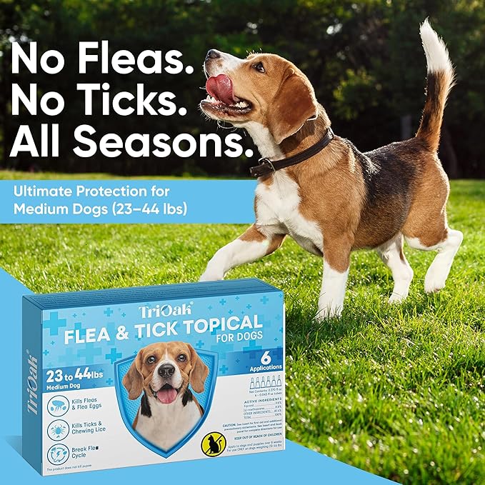 Flea and Tick Prevention for Dogs, 6 Doses Dog Flea Treatment for Medium Dogs 23–44 lbs, Fast Acting, Long Lasting Protection, Flea and Tick Control for Home and Outdoor Use, 6 Month Drops