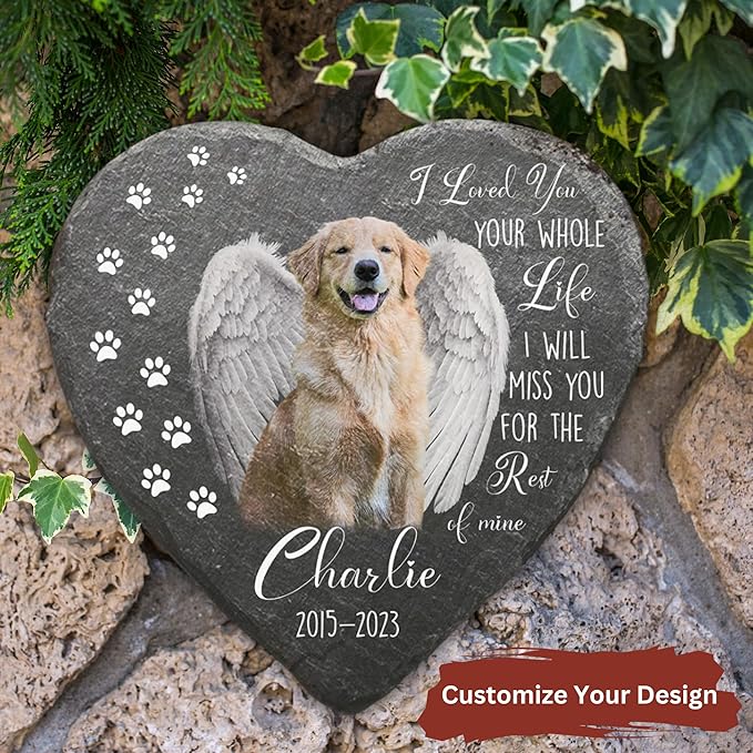 Wrappiness Pet Memorial Stone - We Loved You Your Whole Life, Personalized Dog Memorial Gifts, Remembrance Condolences Bereavement Gifts for Loss of Pet Custom Photo (Heart 06, Stone with Stand)