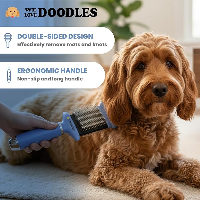 Double-Sided Slicker Brush for Dogs, Dematting & Deshedding Dog Brush, Dog Grooming Supplies, Long Pin Detangler for Short Hair & Long Hair Pets, Poodles, Doodles, & Goldendoodles (Large)